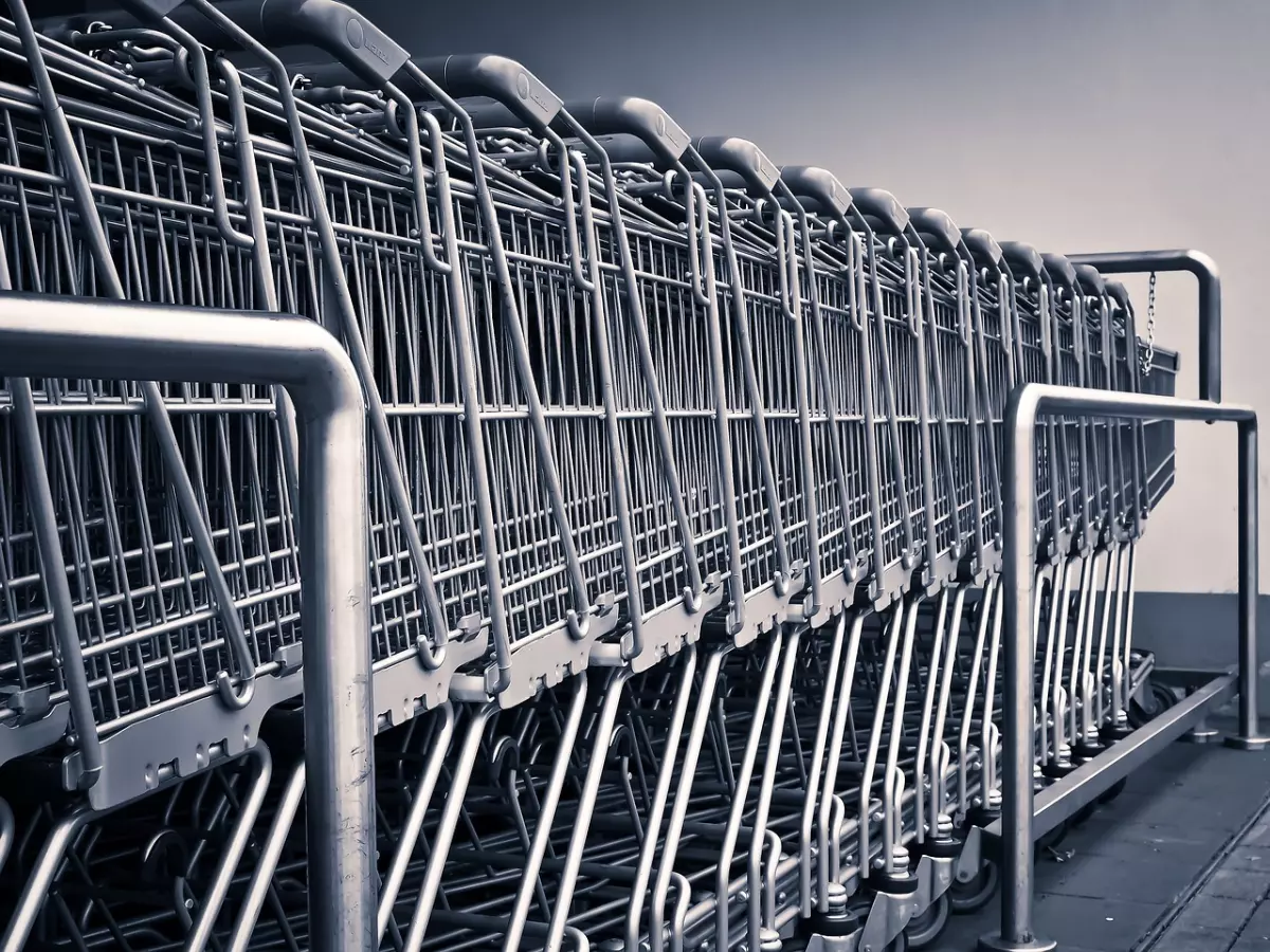 A row of shopping carts in a parking lot.